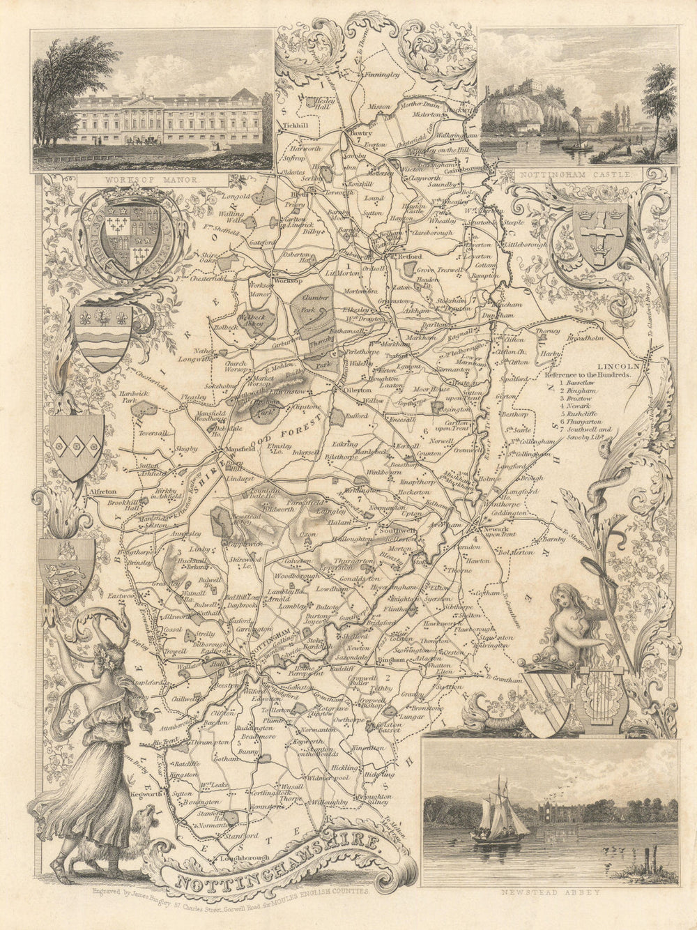 Nottinghamshire antique county map by Thomas Moule 1837 old chart