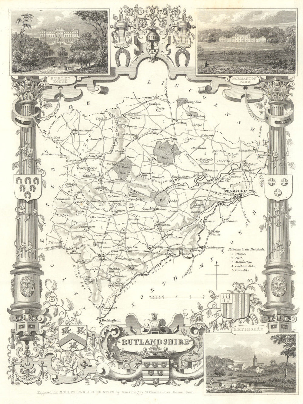 Rutlandshire antique county map by Thomas Moule 1837 old chart