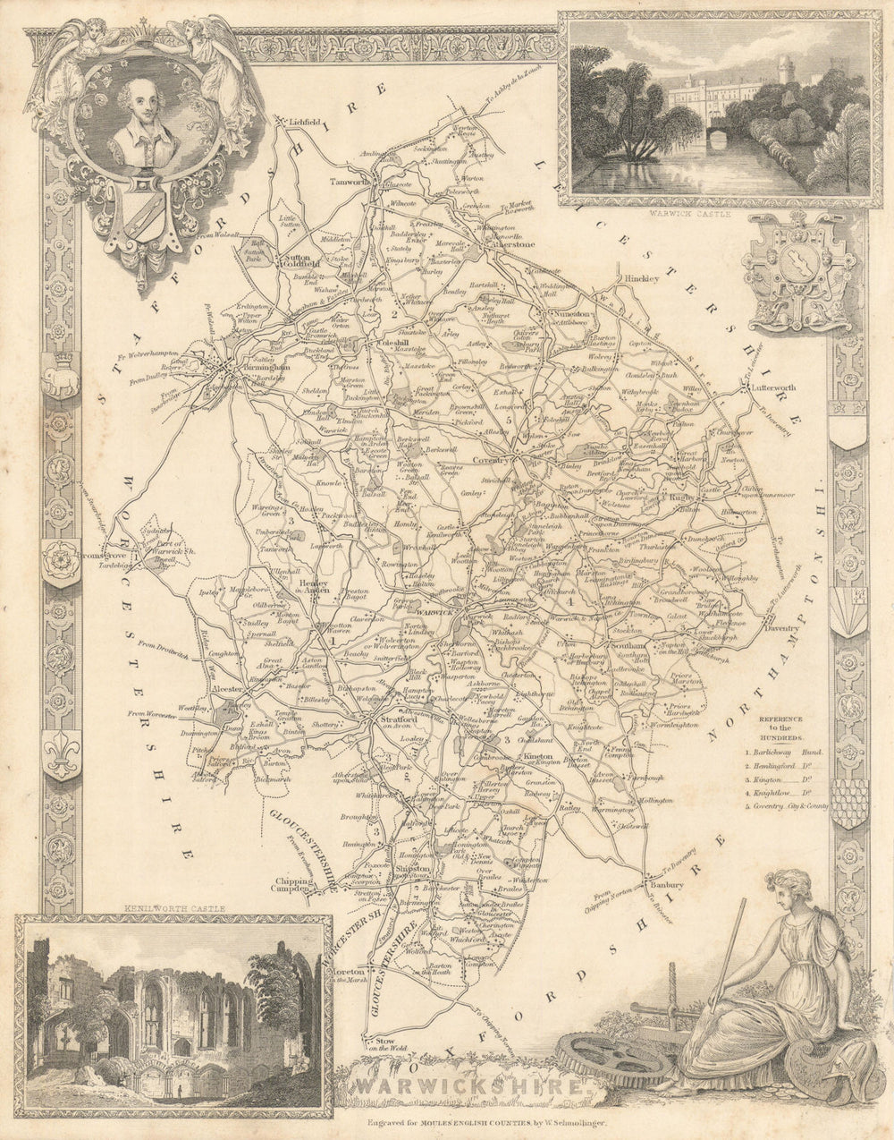 Warwickshire antique county map by Thomas Moule 1837 old chart