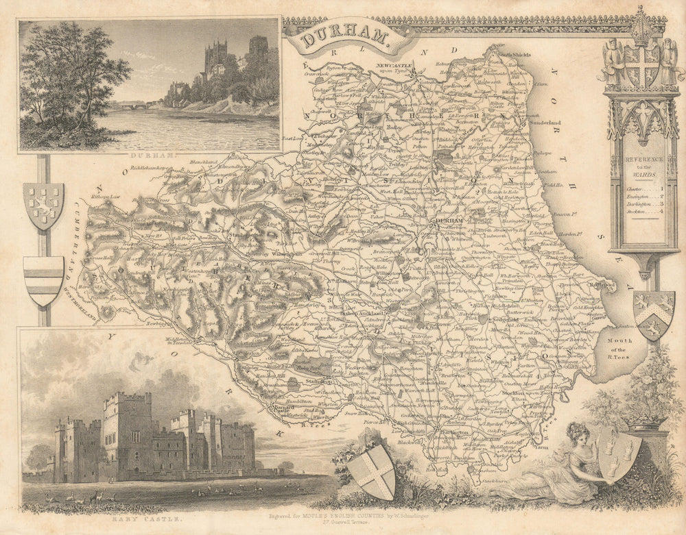 Durham antique county map by Thomas Moule 1837 old plan chart