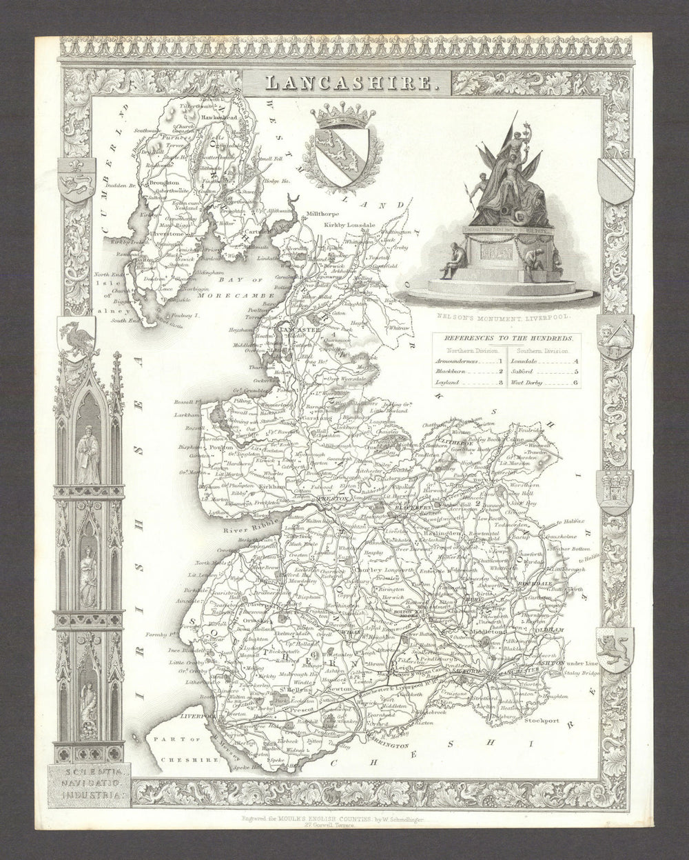 Lancashire antique county map by Thomas Moule 1837 old plan chart
