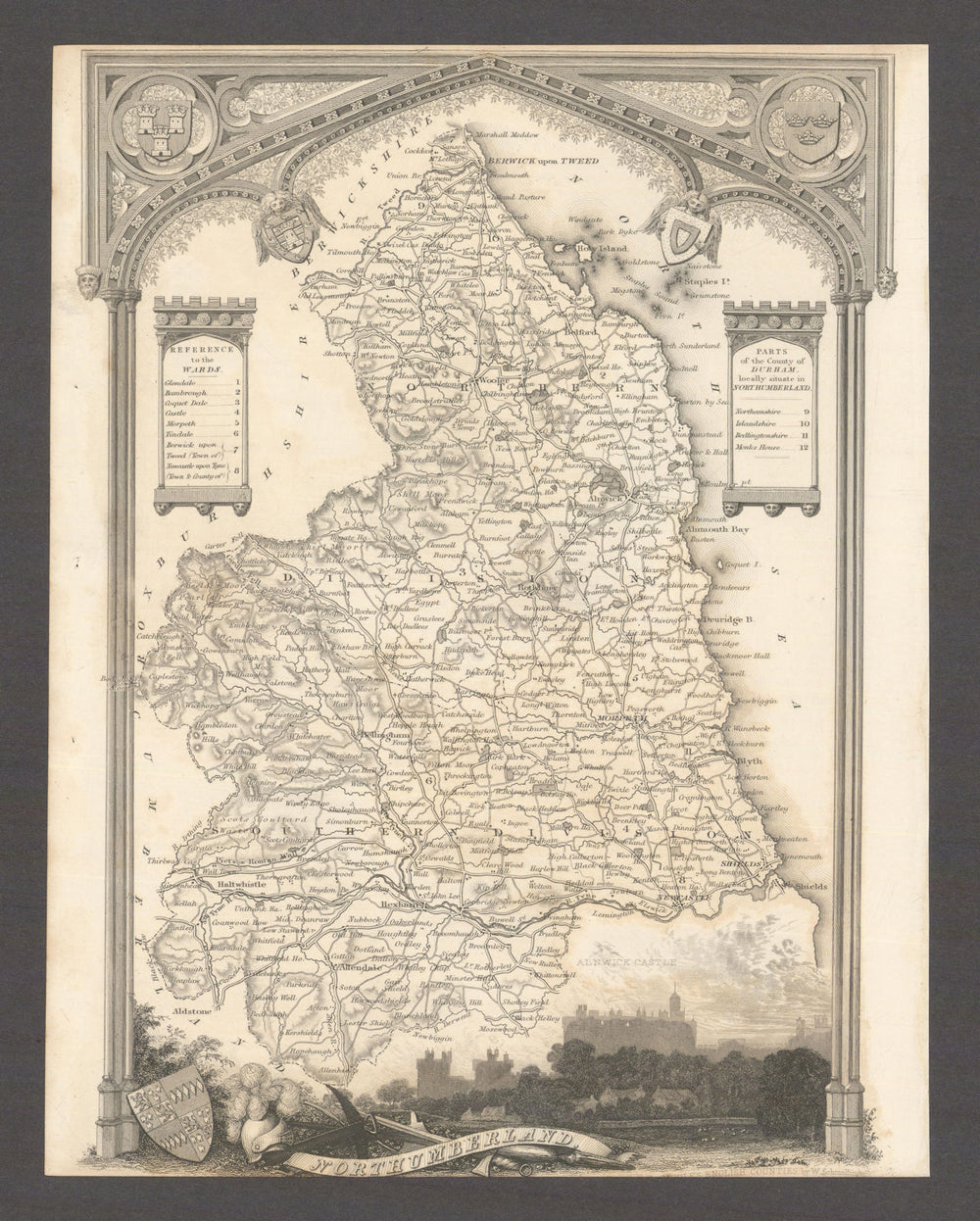 Northumberland antique county map by Thomas Moule 1837 old chart