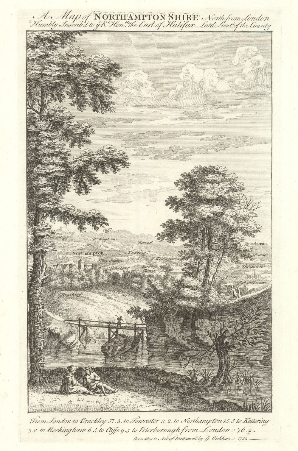 A Map of Northamptonshire, north from London. George Bickham. County map 1754