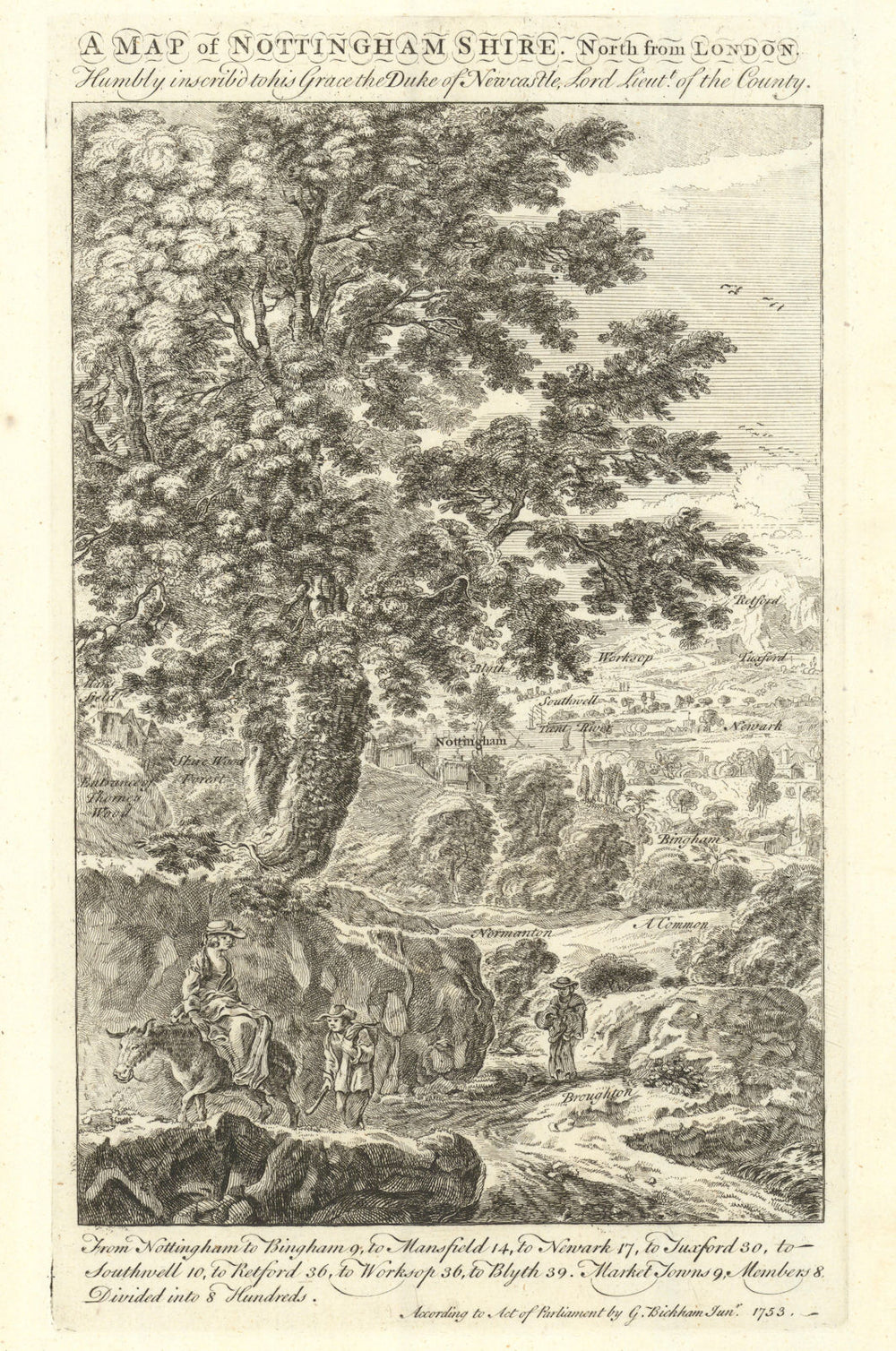 A Map of Nottinghamshire, north from London. George Bickham. County map 1754
