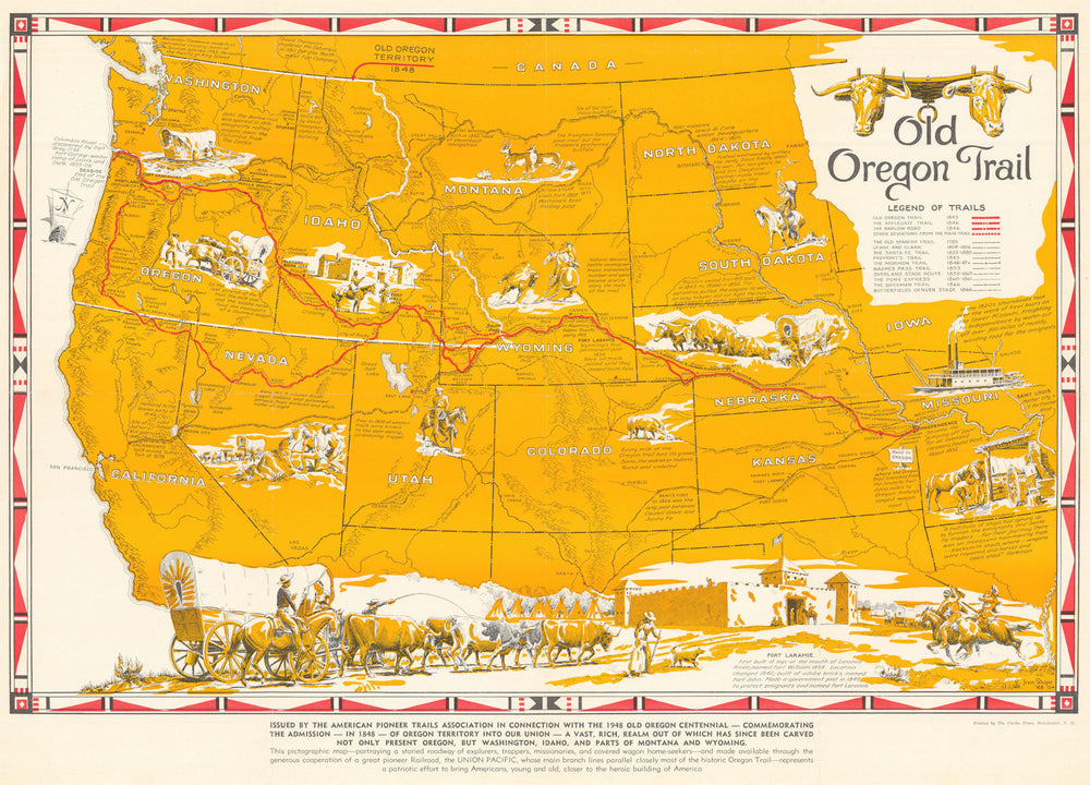 Old Oregon Trail pictorial map by Irvin Shope. Pioneer trails/Old West 1948