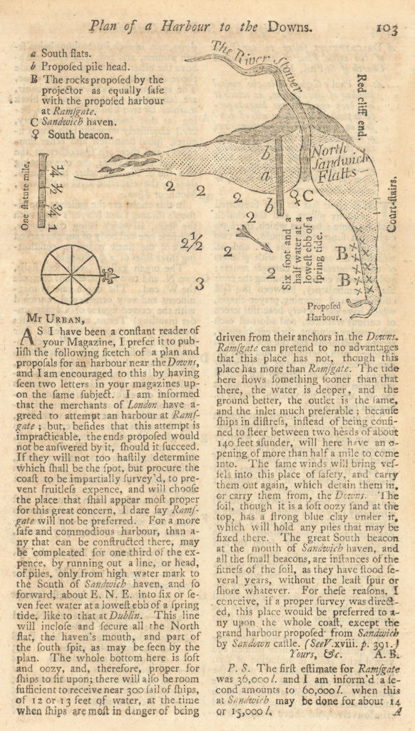 Ramsgate. 'Plan of a proposed Harbour to the Downs near Sandwich' 1749 old map