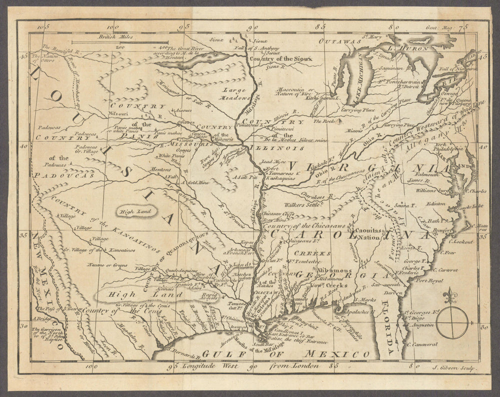 Untitled map of Louisiana, Virginia, and Carolina by John Gibson 1763 old