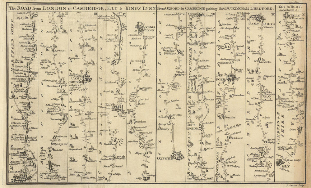 Road from London to Cambridge Ely Kings Lynn Oxford Bedford. Gent's Mag 1769 map