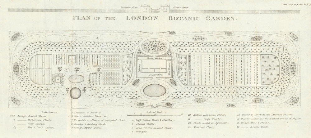 Plan of London Botanic Garden, Chelsea. Now Cadogan Place south gardens 1810 map