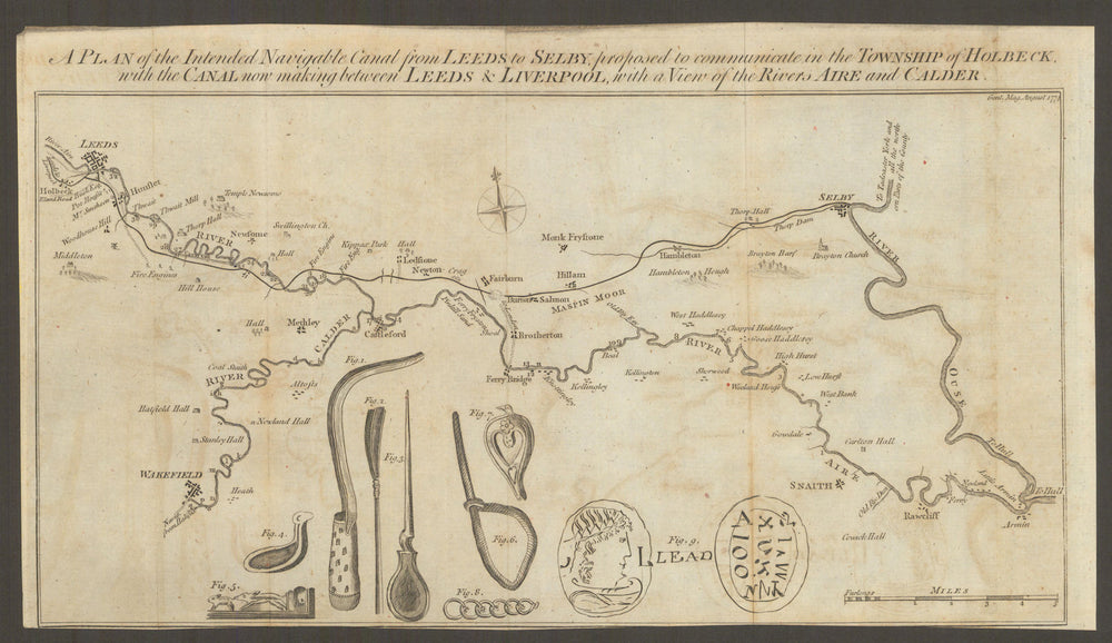 The intended navigable canal from Leeds to Selby. Aire Calder Gents Mag 1774 map
