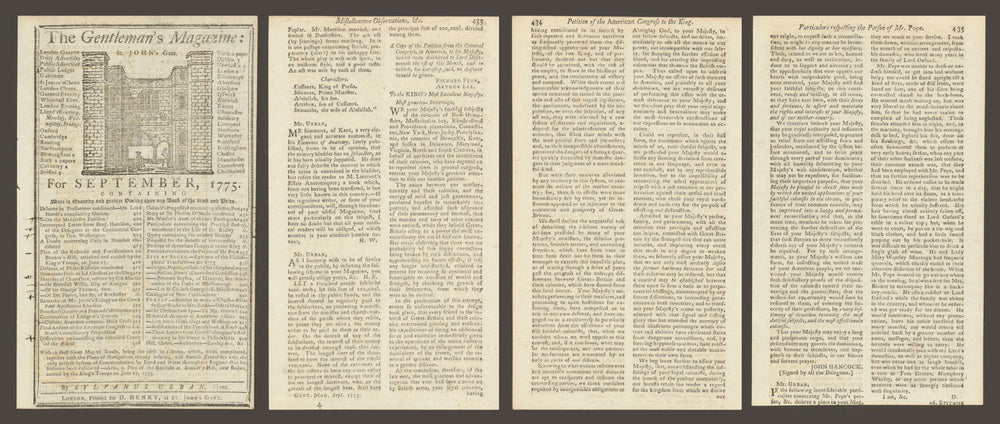 Olive Branch petition by Congress to George III. Printed in Gents Mag Sept 1775