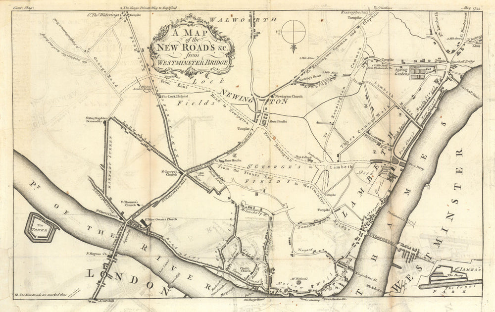 A Map of the New Roads &c from Westminster Bridge. London. Gent's Mag 1753