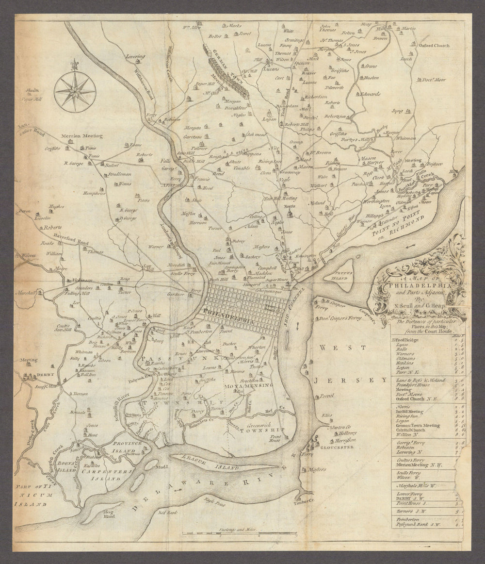 A map of Philadelphia and parts adjacent. Pennsylvania. SCULL & HEAP 1753