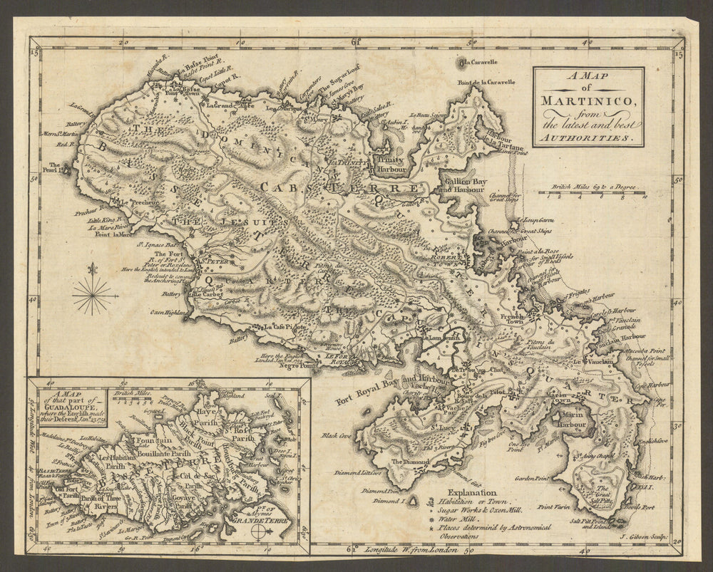Martinico & Basse-Terre, Guadeloupe. Martinique. Antilles. GIBSON 1759 old map