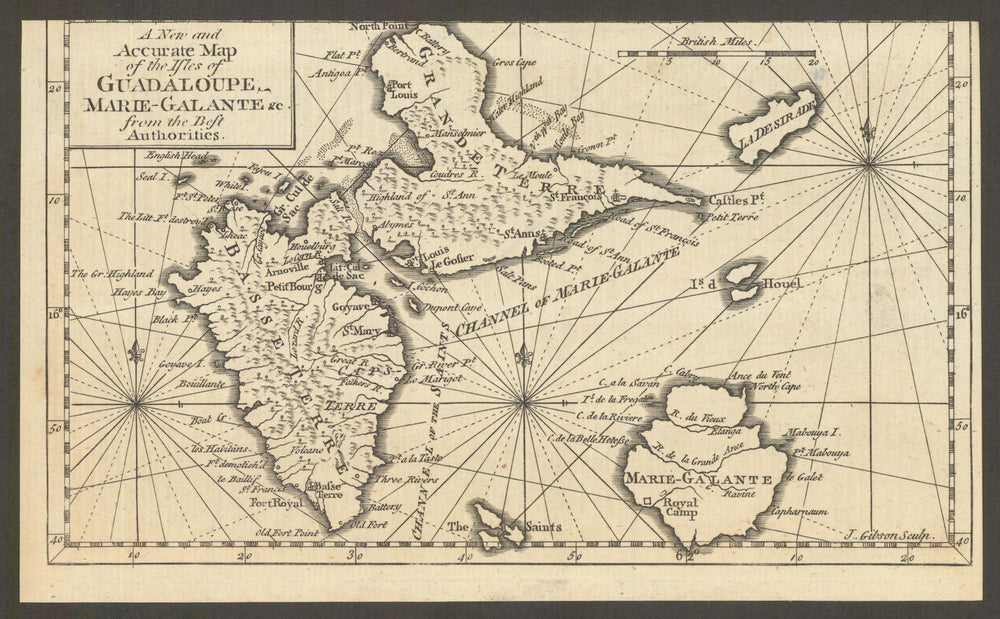 A new & accurate map of the isles of Guadaloupe, Marie-Galante. GIBSON 1759