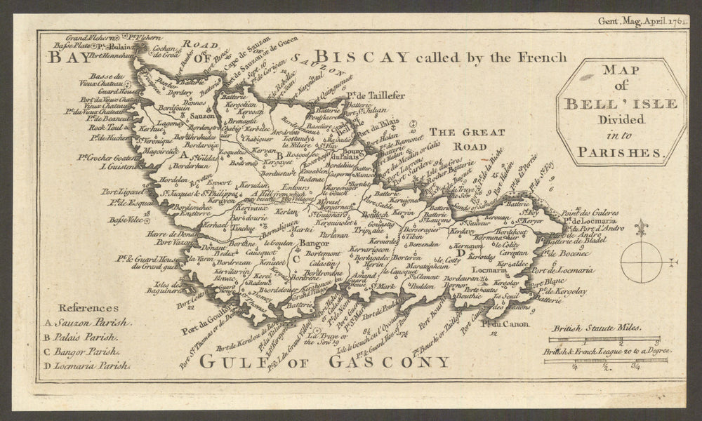 Bell'Isle divided into parishes. Belle-Île-en-Mer. Morbihan. Gent's Mag 1761 map