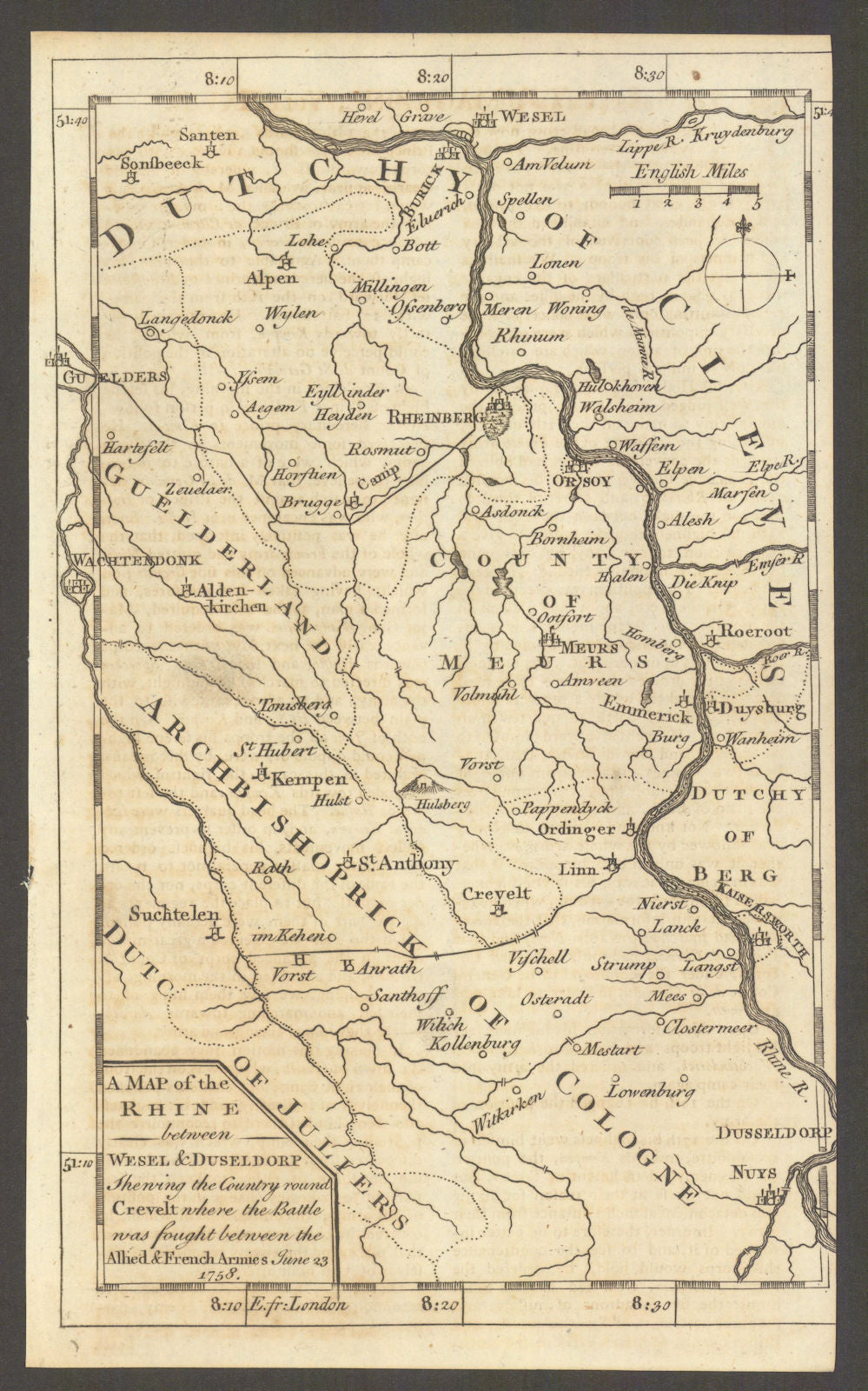 The Rhine between Wesel & Duseldorf… Duisburg Dusseldorf. Gent's Mag 1758 map