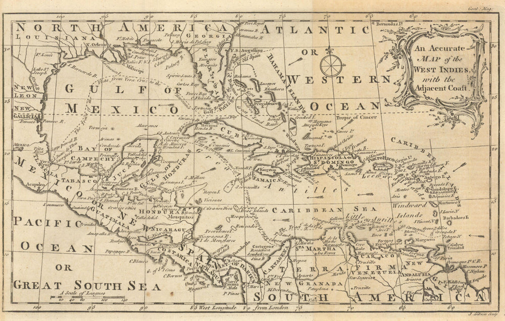An Accurate Map of the West Indies with the Adjacent Coast. GIBSON 1762