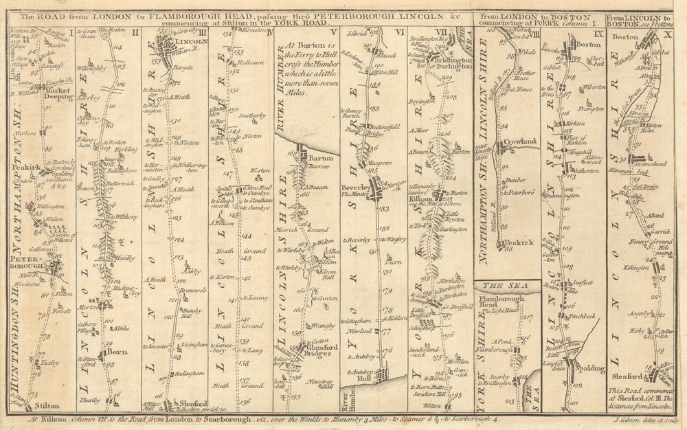 The Road from Peterborough to Lincoln Hull Beverley Bridlington. GIBSON 1766 map