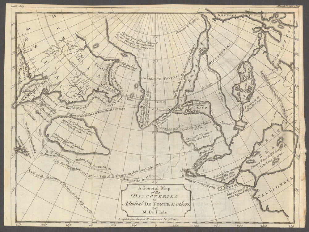 General map of the Discoveries of the Admiral de Fonte. After de l'Isle 1754