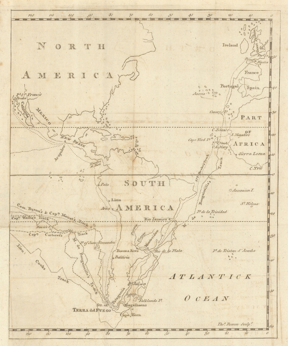 Americas. Track of Drake Cook Bougainville Byron Carteret Wallis. Bowen 1773 map