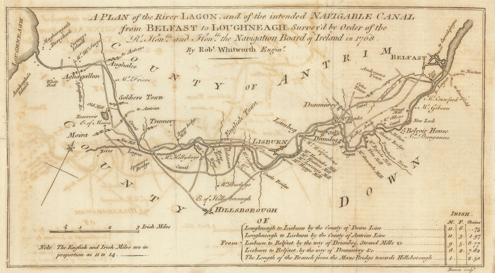 River Lagon & the intended… canal from Belfast to Loughneagh. BOWEN 1778 map