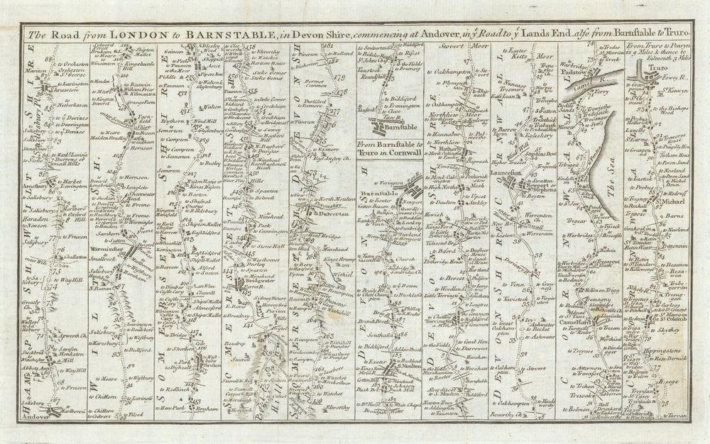 Andover-Bridgwater-Barnstaple-Padstow-Truro road strip map Gent's Mag 1775