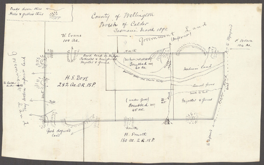 Manuscript land claims map. Calder, Wellington County, Tasmania 1890 old
