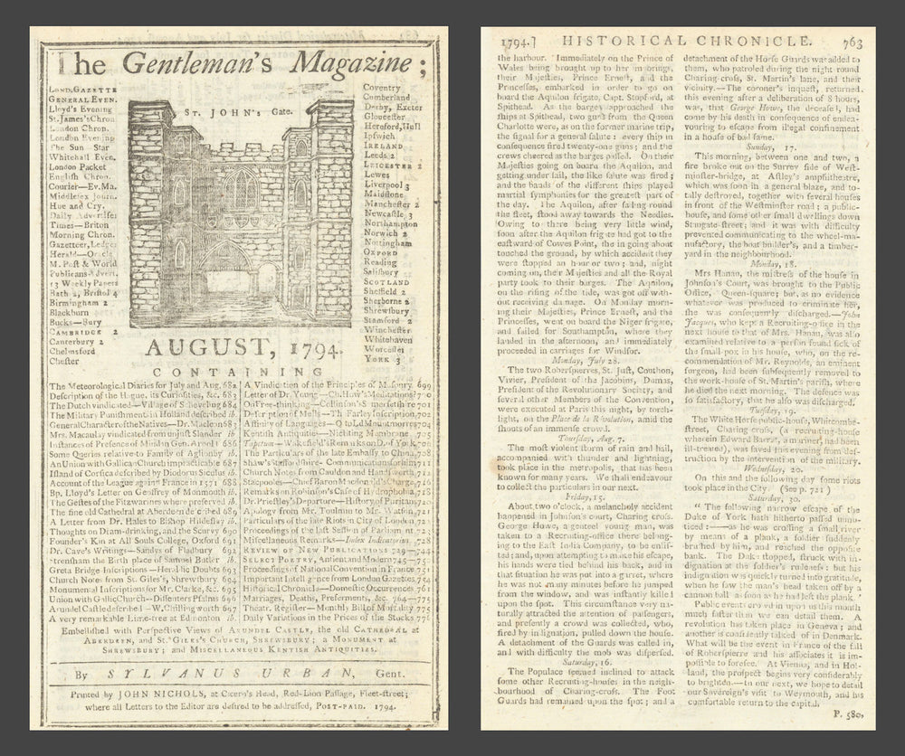 News report of Robespierre's death "executed at Paris this night" July 28th 1794