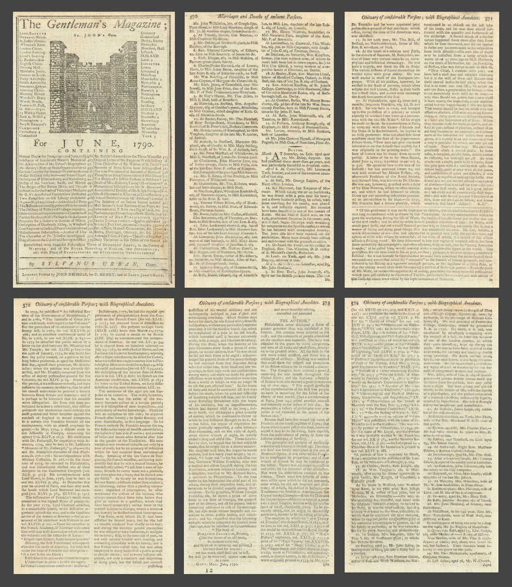 Benjamin Franklin obituary printed in the Gents Magazine. 17th April 1790