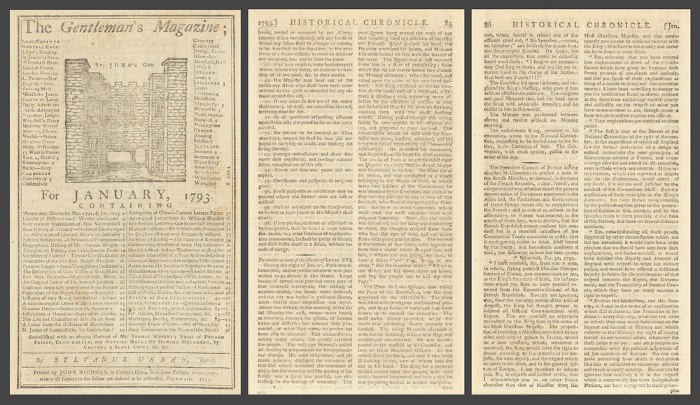 News Report of the Execution of Louis XVI in Gents Mag. French Revolution 1793