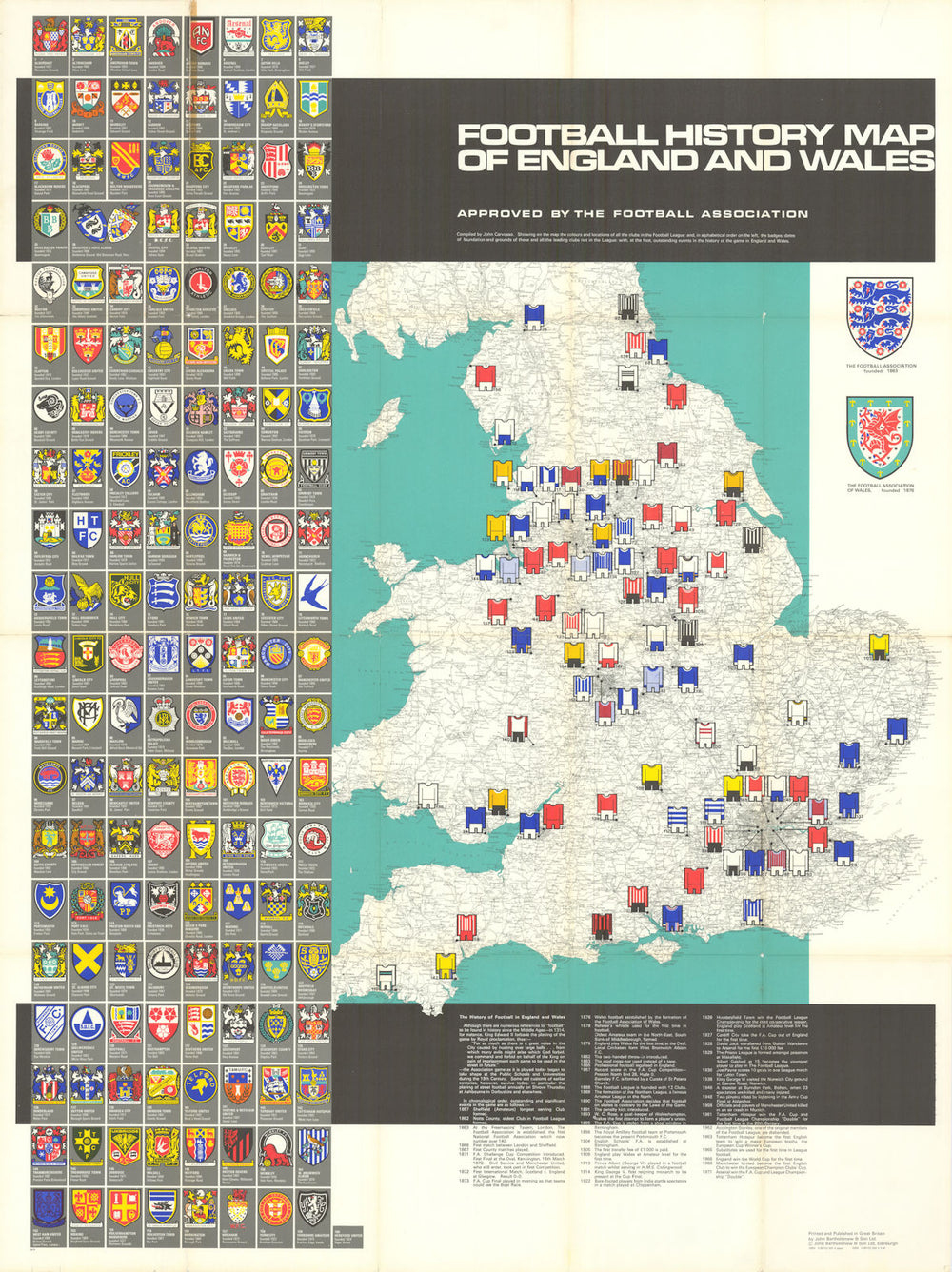 Football History Map of England & Wales. Football heritage map. 75x100cm 1971