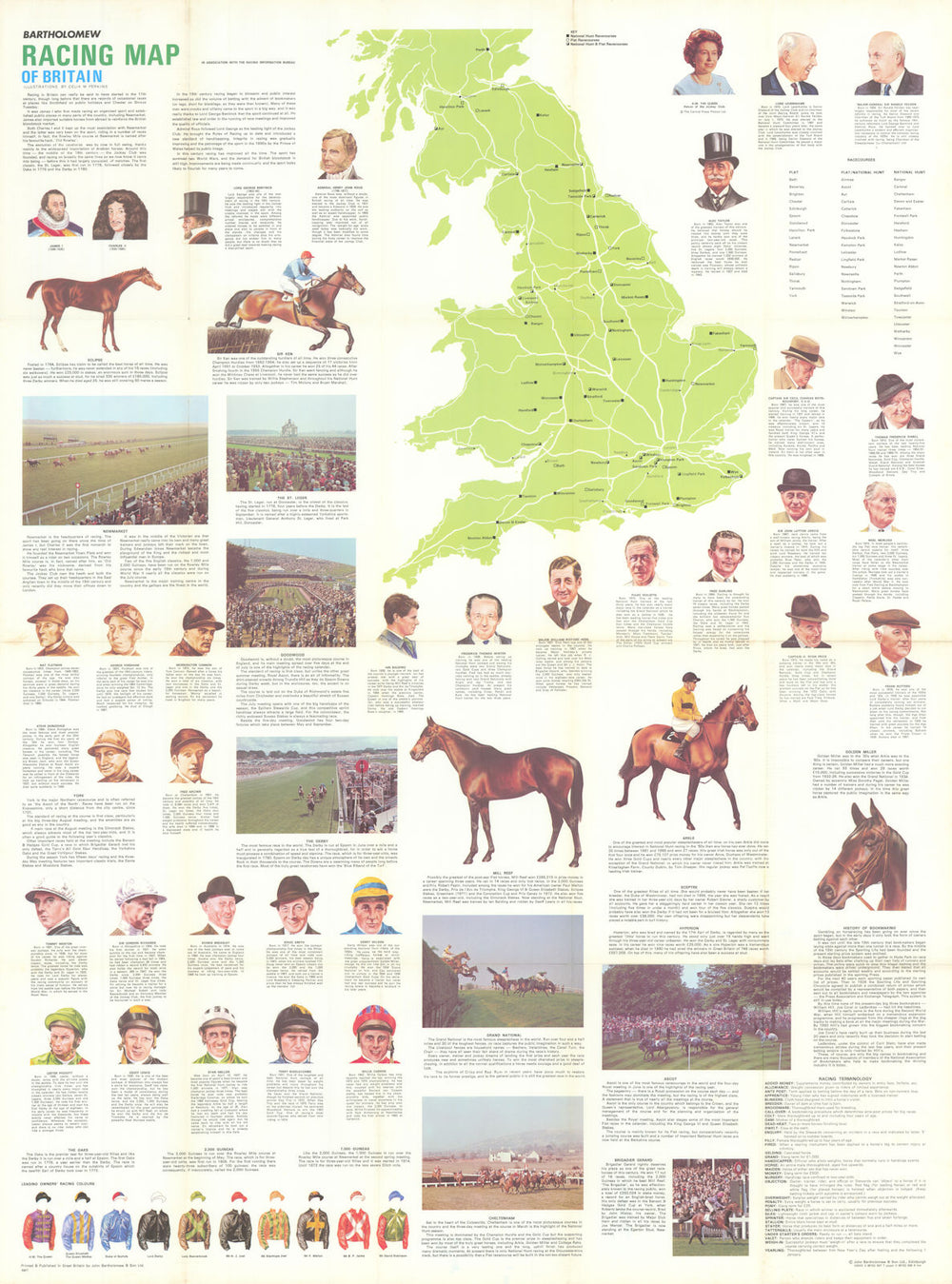 Bartholomew Racing Map of Britain. Horse racing heritage map. 75x100cm 1974