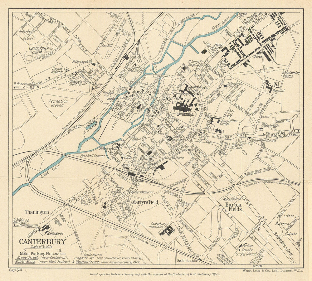 CANTERBURY vintage town/city plan. Kent. WARD LOCK 1954 old vintage map chart