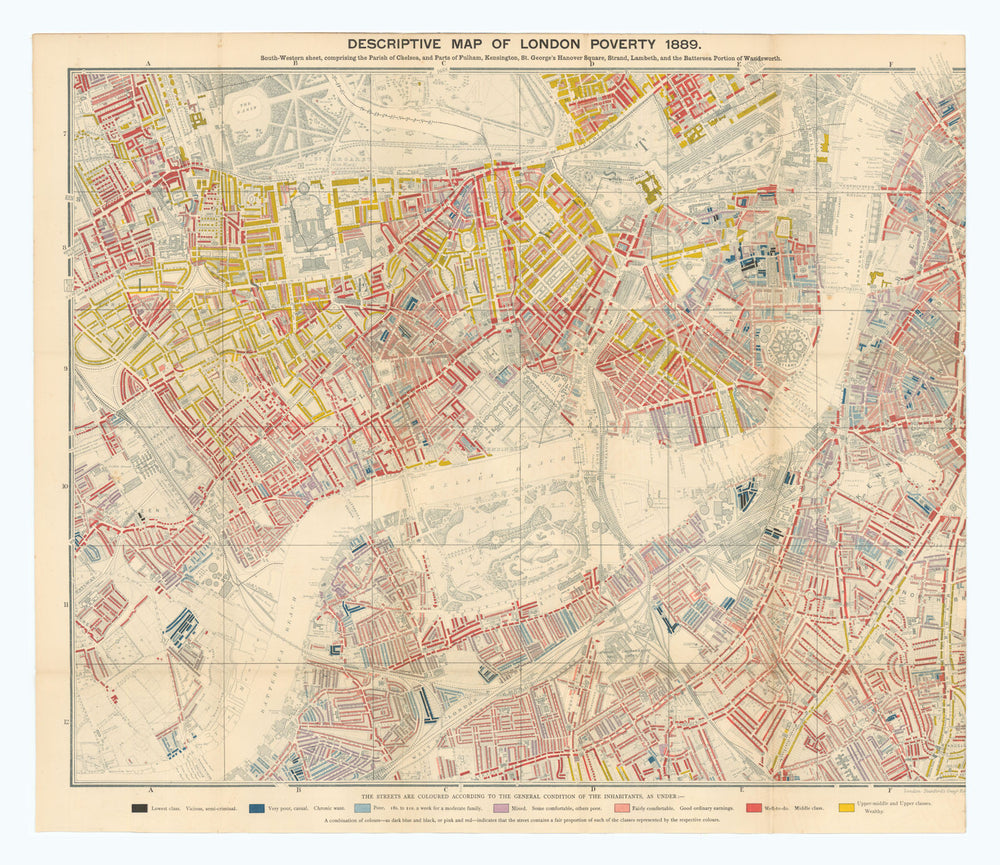 Descriptive map of London Poverty. BOOTH. SW - Kensington Chelsea Battersea 1889
