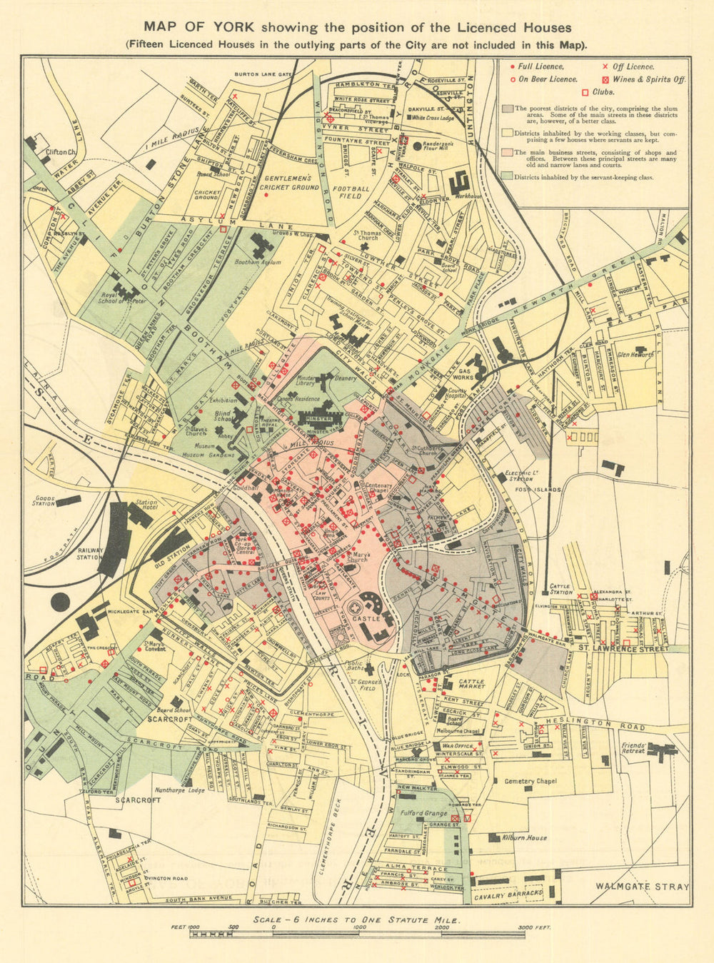 Map of York showing Licensed Houses. Drink/poverty/temperance map. Rowntree 1901