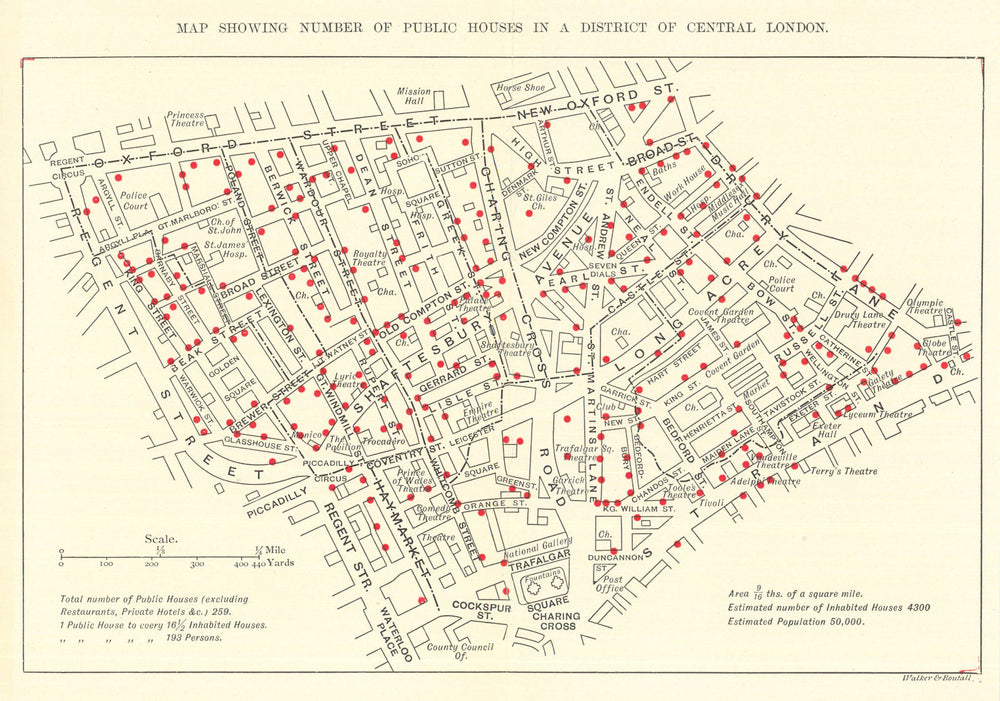 Central London Public Houses. Soho West End temperance/drink map. Rowntree 1899