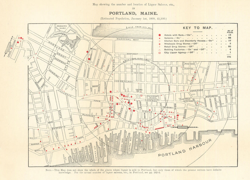 Portland, Maine liquor saloons. Temperance/Prohibition/drink map. Rowntree 1899