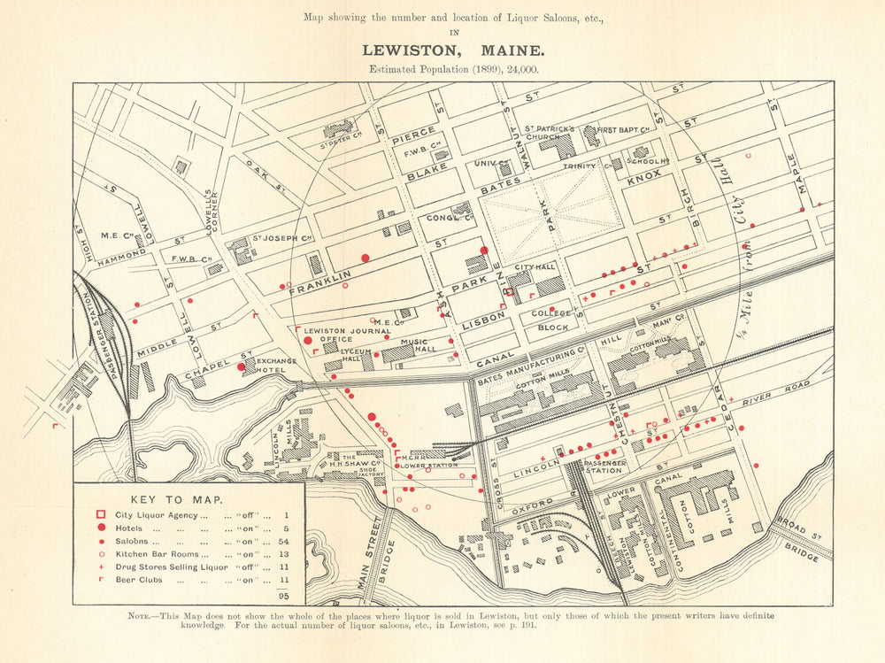 Lewiston, Maine liquor saloons. Temperance/Prohibition/drink map. Rowntree 1899