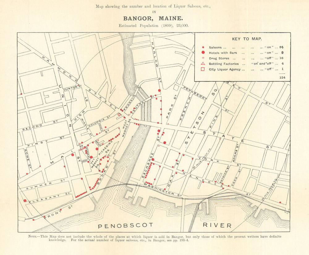 Bangor, Maine liquor saloons. Temperance/Prohibition/drink map. Rowntree 1899