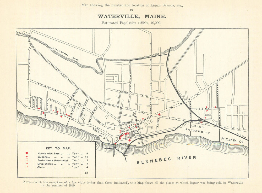 Waterville, Maine liquor saloons. Temperance/Prohibition/drink map ROWNTREE 1899