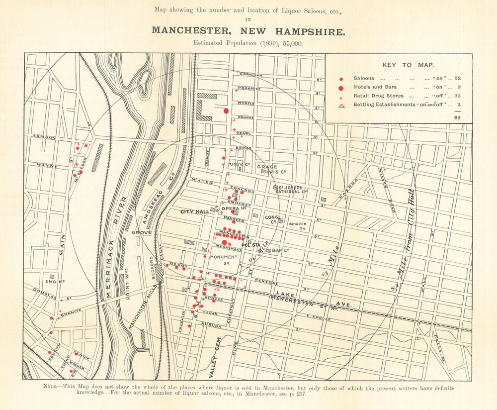 Manchester, New Hampshire liquor saloons. Temperance/Prohibition/drink map 1899