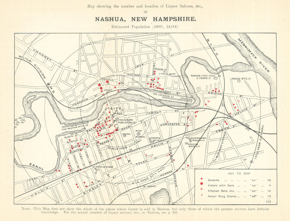 Nashua, New Hampshire liquor saloons. Temperance/Prohibition/drink map 1899