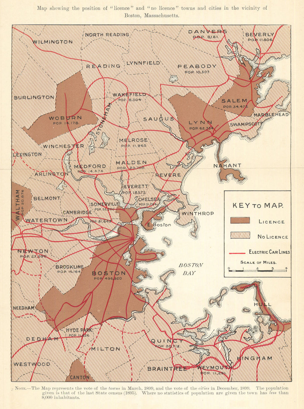 Prohibition/drink map. Licence & No licence towns near Boston Massachusetts 1899