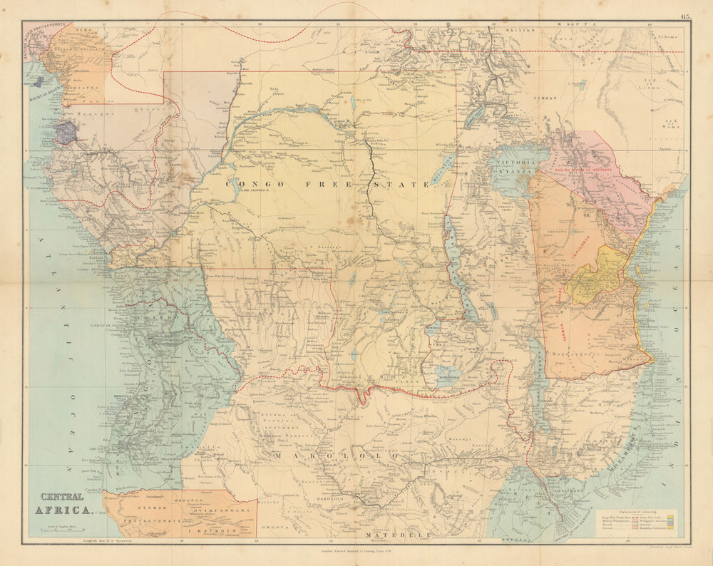 Central Africa showing emerging colonial landscape by Edward Stanford c1885 map