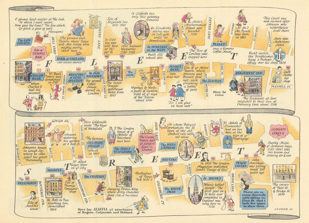 Fleet Street Displayed #3 JP Sayer's Survey of London 1947 old vintage map