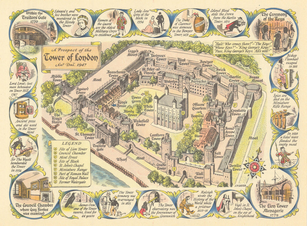 The Tower of London #10 JP Sayer's Survey of London 1947 old vintage map chart