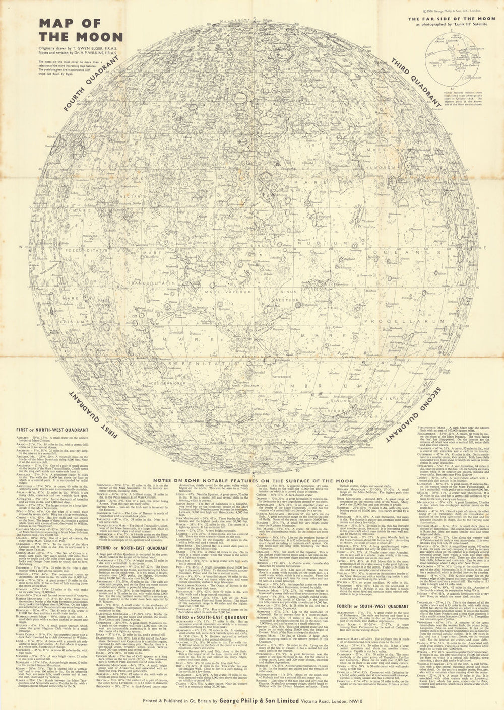 Elger's Map of the Moon showing 150 surface features & its far side 1964