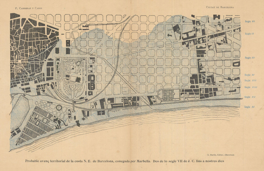 Probable advance of the Barcelona coast from 7C BC to now. Martin c1910 map