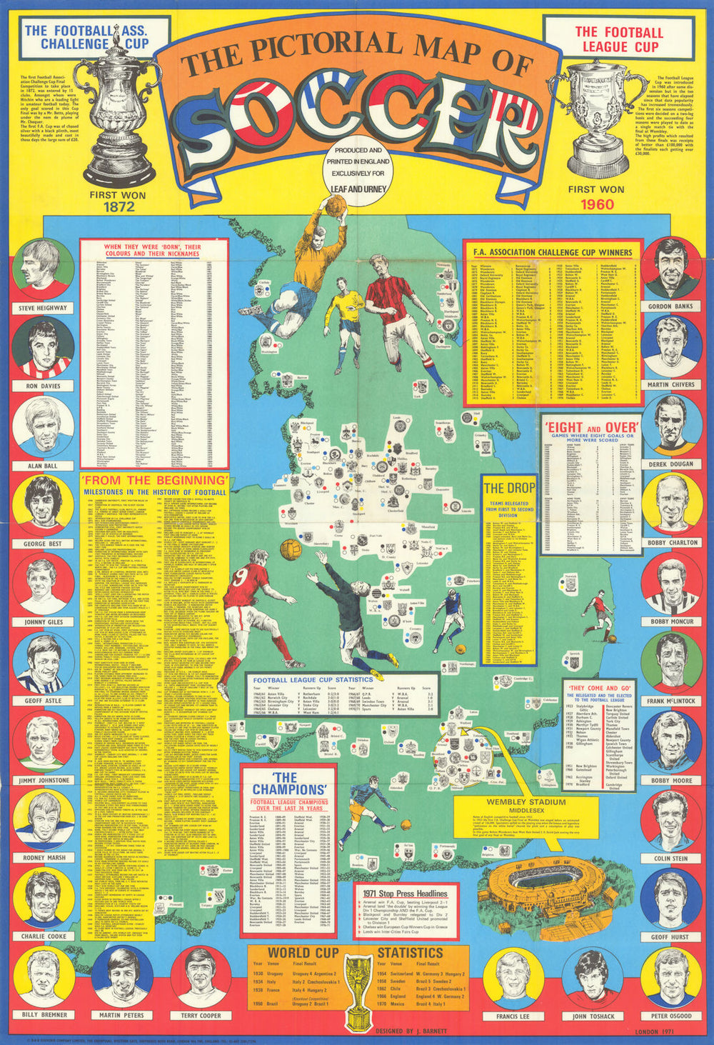 The Pictorial Map of Soccer by J. Barnett. Football Heritage Map 1971 old